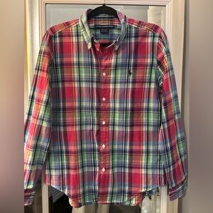 Ralph Lauren Sport Women’s Plaid Button Down Shirt Pink Blue Green Cotton Sz 12